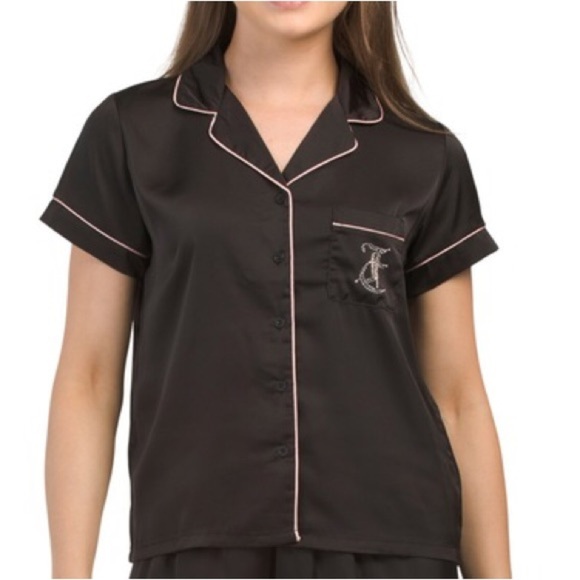 Juicy Couture Women's Satin Black and Pink Rhinestone Button Down Pajama Top XL - Picture 1 of 13